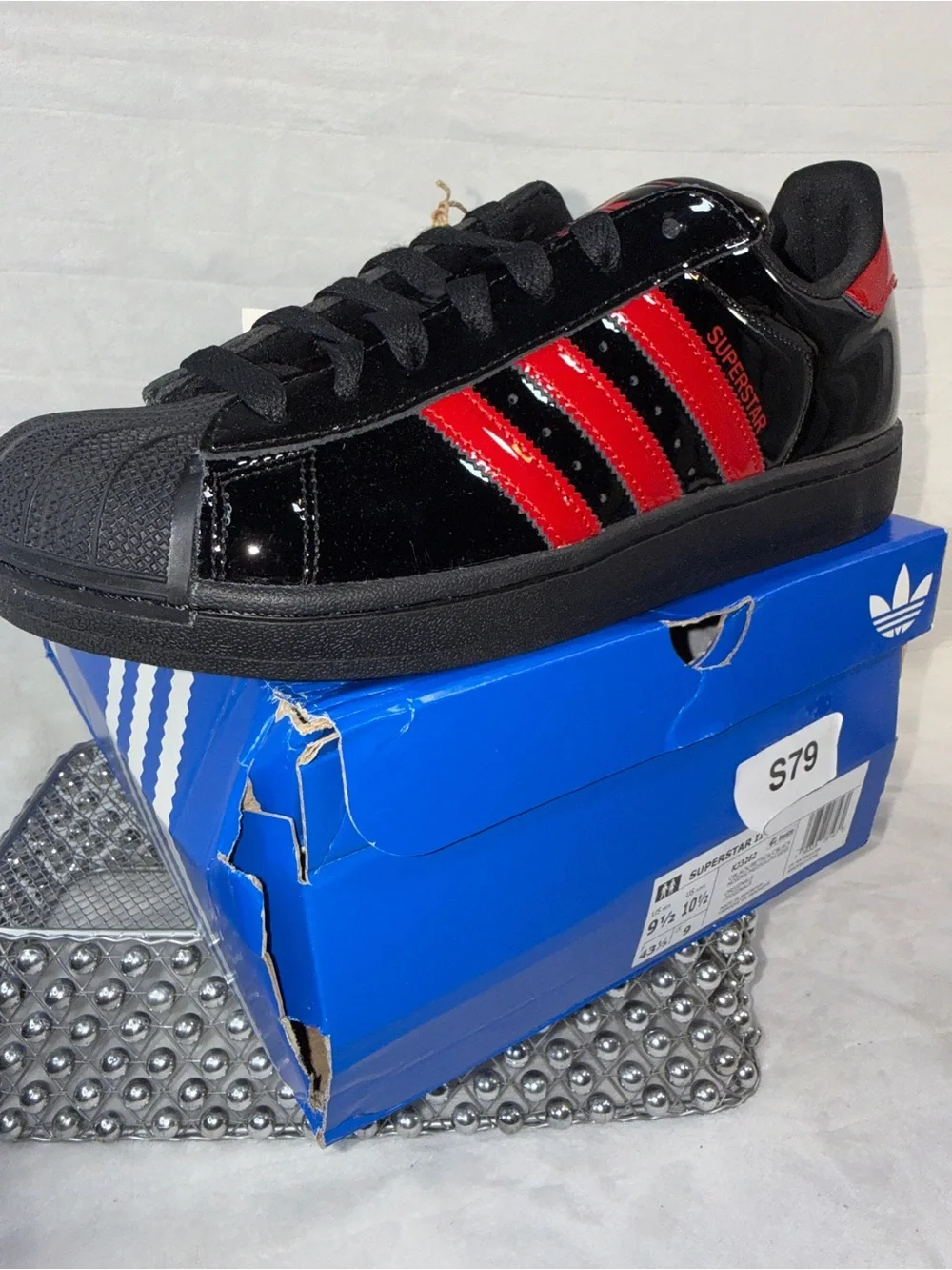 ✨👟 Adidas Superstar II Black Red Patent Men’s 9.5 Women’s 10.5 KJ3262 🖤❤️
